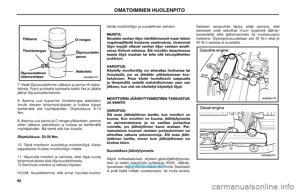 Hyundai Matrix 2002 Omistajan Käsikirja (in Finnish) 82
G040B01FC
Oil filter
drain plugO-ring
Oil filter
element
Washer
Upper cap
Lower case
YläkansiTiivisterengasÖljynsuodattimen
tyhjennystulppa
O-rengasÖljynsuodatin
panosAlakotelo
7. Vedä öljyn Hyundai Matrix 2002 Omistajan Käsikirja (in Finnish) 82
G040B01FC
Oil filter
drain plugO-ring
Oil filter
element
Washer
Upper cap
Lower case
YläkansiTiivisterengasÖljynsuodattimen
tyhjennystulppa
O-rengasÖljynsuodatin
panosAlakotelo
7. Vedä öljyn