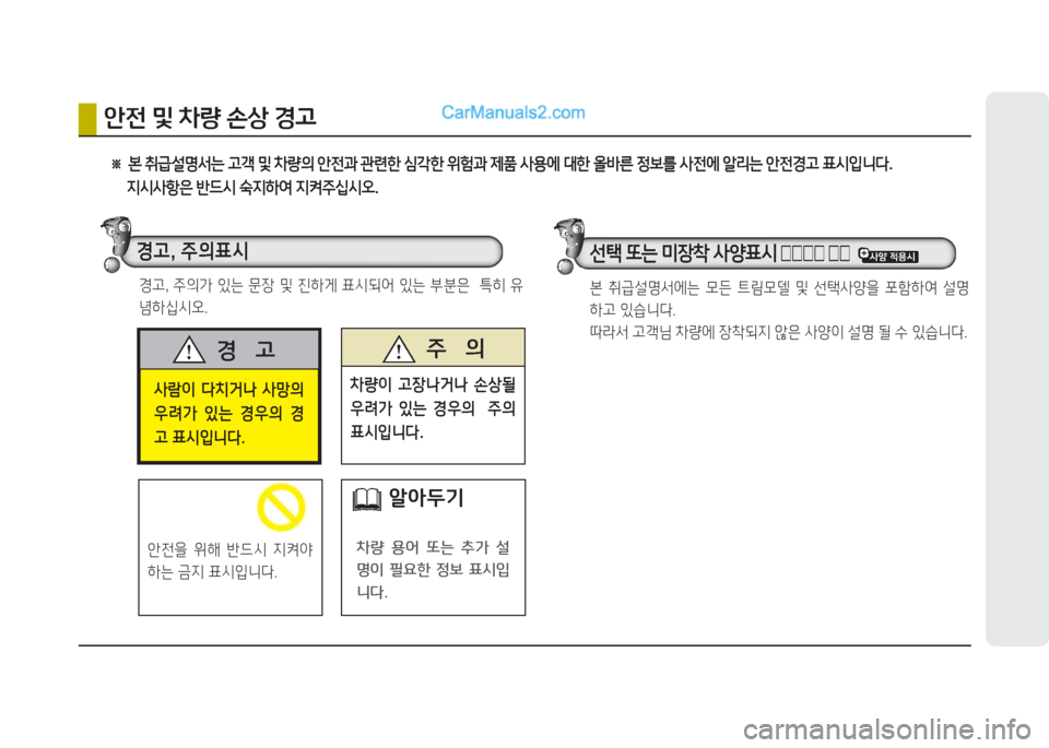 Hyundai Maxcruz 2016  맥스크루즈 NC - 사용 설명서 (in Korean) 사람이  다치거나  사망의 
우려가  있는  경우의  경
고 표시입니다.
경    고 주    의
차량이  고장나거나  손상될 
우려가  있는  경우의    주의 
표시