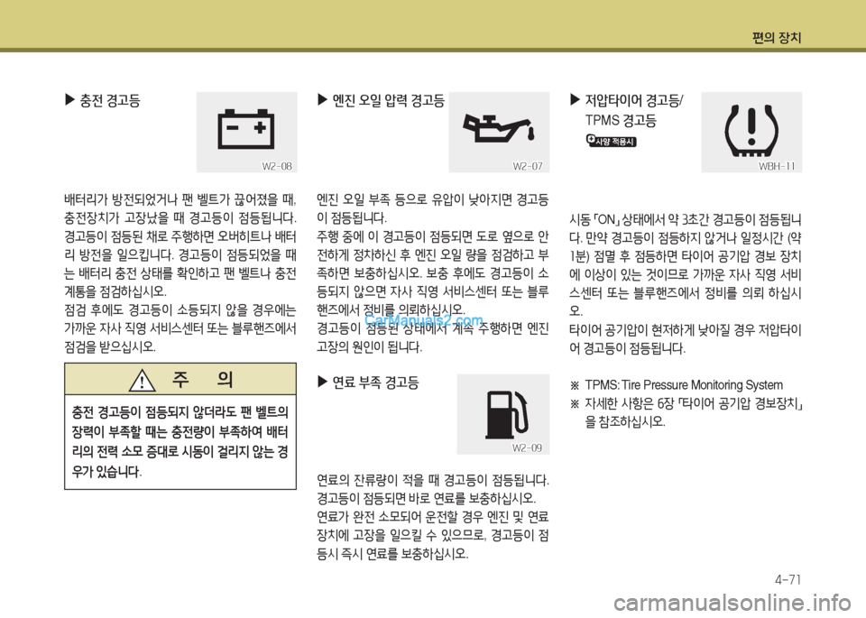 Hyundai Maxcruz 2016  맥스크루즈 NC - 사용 설명서 (in Korean) 편의 장치
4-71
 ▶엔진 오일 압력 경고등 
엔진 오일 부족 등으로 유압이 낮아지면 경고등
이 점등됩니다.
주행 중에 이 경고등이 점등되면 도로 옆으로