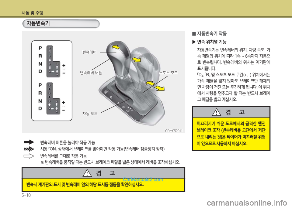 Hyundai Maxcruz 2016  맥스크루즈 NC - 사용 설명서 (in Korean) 시동 및 주행
5-10
변속레버를 그대로 작동 가능
※  변속레버를 움직일 때는 반드시 브레이크 페달을 밟은 상태에서 레버를 조작하십시오.
시동 「ON」 