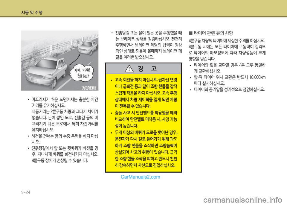 Hyundai Maxcruz 2016  맥스크루즈 NC - 사용 설명서 (in Korean) 시동 및 주행
5-24
 0타이어 관련 유의 사항
4륜구동 차량의 타이어에 세심한 주의를 하십시오.
4륜구동 시에는 모든 타이어에 구동력이 걸리므
로 타이