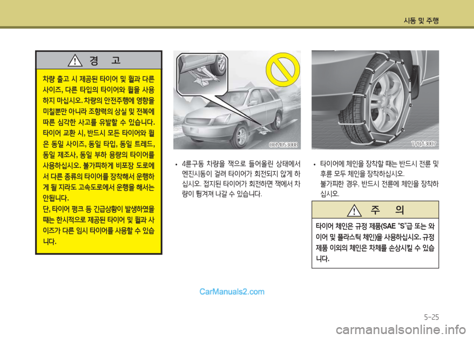 Hyundai Maxcruz 2016  맥스크루즈 NC - 사용 설명서 (in Korean) 시동 및 주행
5-25
 차량 출고 시 제공된 타이어 및 휠과 다른 
사이즈, 다른 타입의 타이어와 휠을 사용
하지 마십시오. 차량의 안전주행에 영향을 
미칠