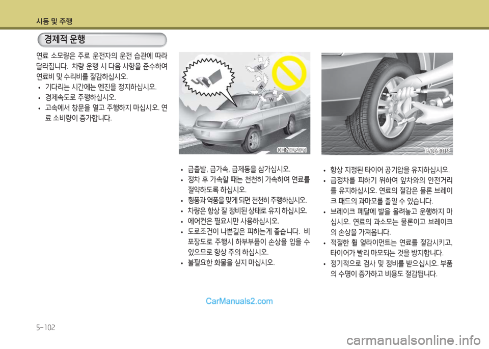 Hyundai Maxcruz 2016  맥스크루즈 NC - 사용 설명서 (in Korean) 시동 및 주행
5-102
 •항상 지정된 타이어 공기압을 유지하십시오.
 •급정차를 피하기 위하여 앞차와의 안전거리
를 유지하십시오. 연료의 절감은 물