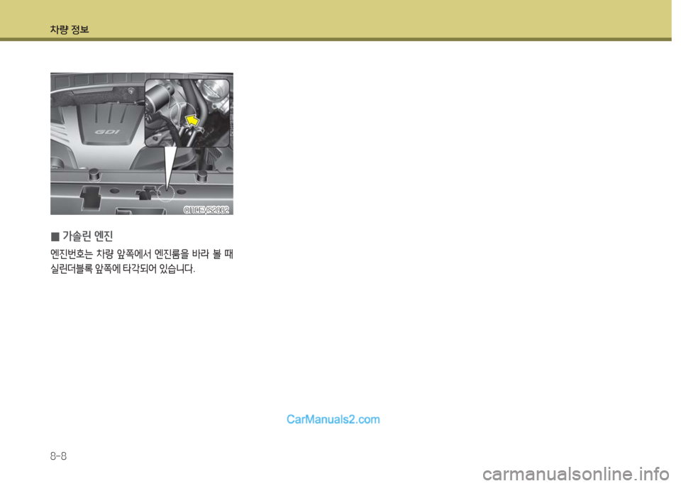 Hyundai Maxcruz 2016  맥스크루즈 NC - 사용 설명서 (in Korean) 차량 정보
8-8
ONCEVS2002ONCEVS2002
 0가솔린 엔진
엔진번호는 차량 앞쪽에서 엔진룸을 바라 볼 때 
실린더블록 앞쪽에 타각되어 있습니다.  