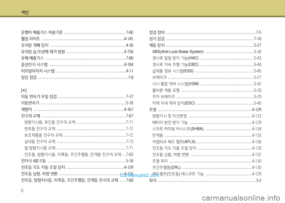 Hyundai Maxcruz 2016 맥스크루즈 NC - 사용 설명서 (in Korean) 색인
6
운행차 배출가스 허용기준 ...........................................................7-80
웰컴 라이트 ........................................................................ Hyundai Maxcruz 2016 맥스크루즈 NC - 사용 설명서 (in Korean) 색인
6
운행차 배출가스 허용기준 ...........................................................7-80
웰컴 라이트 ........................................................................