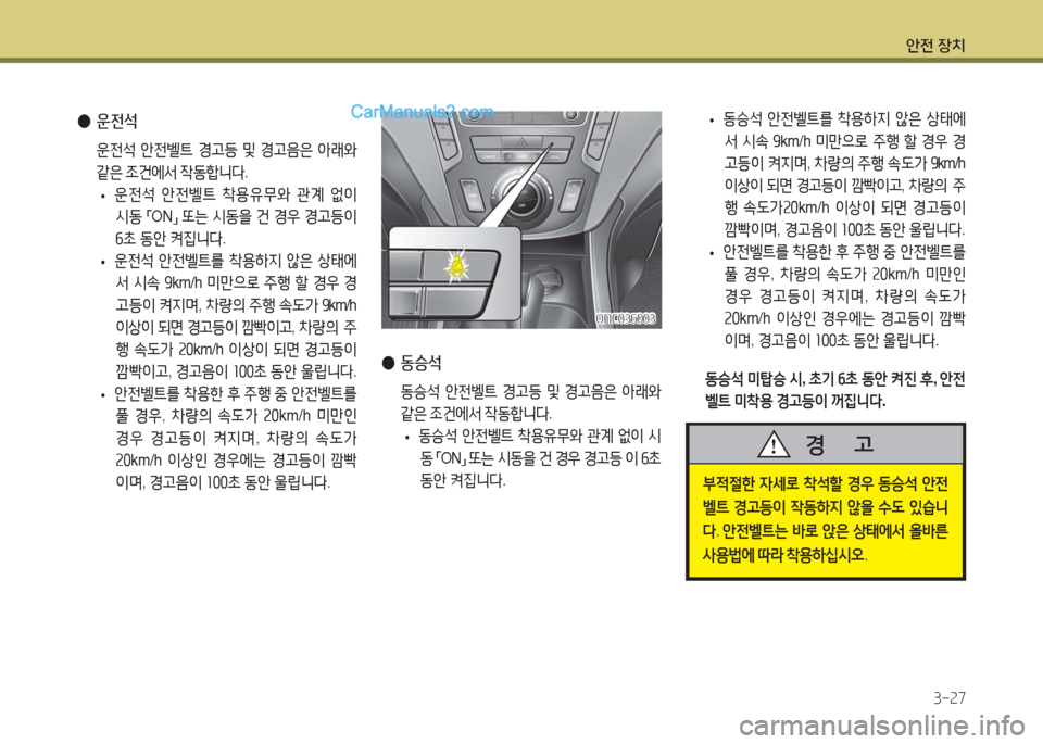 Hyundai Maxcruz 2016  맥스크루즈 NC - 사용 설명서 (in Korean) 안전 장치
3-27
 동승석 미탑승 시, 초기 6초 동안 켜진 후, 안전
벨트 미착용 경고등이 꺼집니다.
부적절한 자세로 착석할 경우 동승석 안전
벨트 경고등