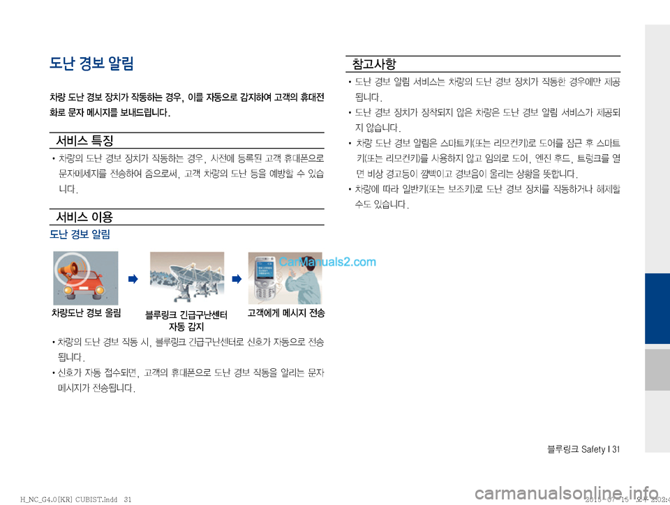 Hyundai Maxcruz 2015  맥스크루즈 표준4 블루링크, UVO (in Korean) 6Bü��4�B�G�F�U�Z��*���
도난 경보 알림
0