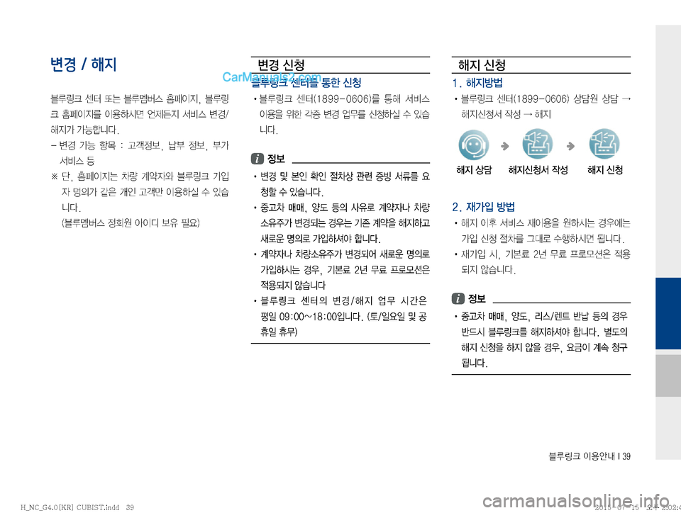Hyundai Maxcruz 2015  맥스크루즈 표준4 블루링크, UVO (in Korean) 6Bü�
I

	‰r��*���
변경 / 해지
6Bü� Ã � ˜×� 6oá	� 
•
I
Ñ�
�6B
ü�

•
I
Ñ3� 
I


