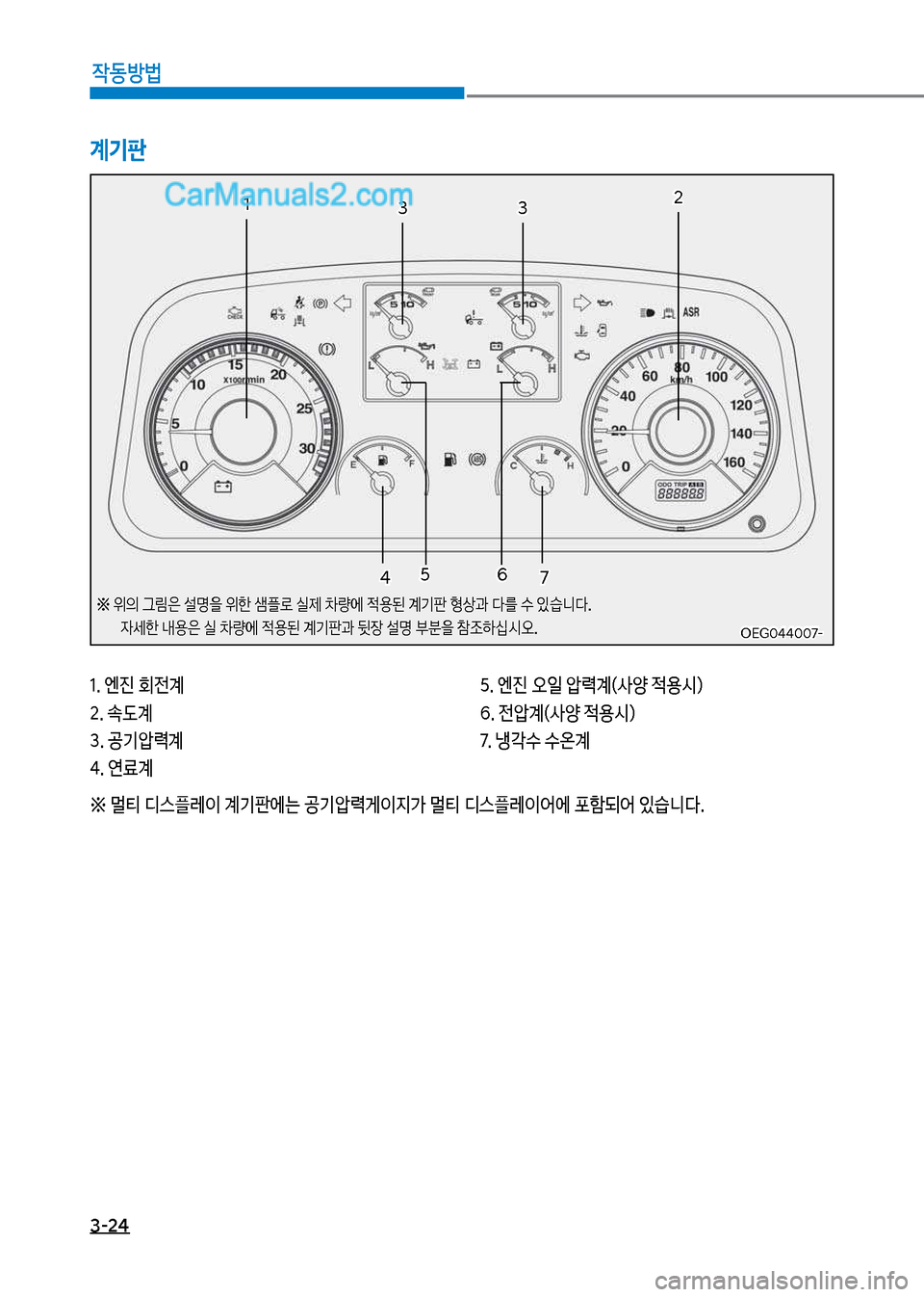 Hyundai Mega-Trucks 2017  메가트럭 - 사용 설명서 (in Korean) 3-24

X동방법
1.보엔진보회전계 2.보