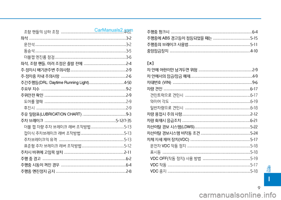 Hyundai Mighty 2016 마이티 - 사용 설명서 (in Korean) 9
색인
I
조향 핸들의 상하 조정 .............................................................4-22
좌석 ................................................................................... Hyundai Mighty 2016 마이티 - 사용 설명서 (in Korean) 9
색인
I
조향 핸들의 상하 조정 .............................................................4-22
좌석 ...................................................................................