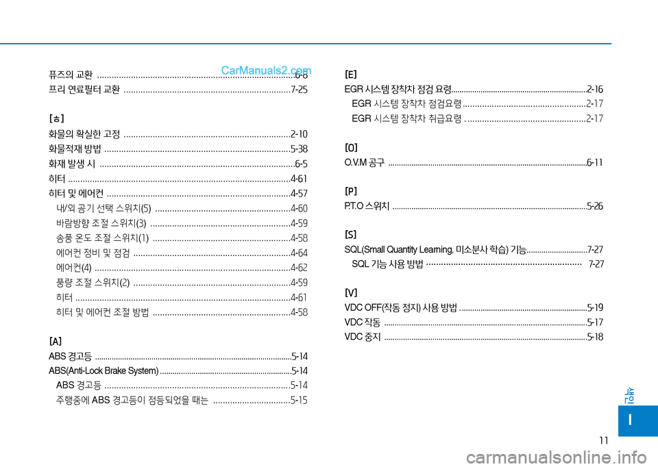 Hyundai Mighty 2016 마이티 - 사용 설명서 (in Korean) 11
색인
I
퓨즈의 교환 ..................................................................................6-8
프리 연료필터 교환 ........................................................ Hyundai Mighty 2016 마이티 - 사용 설명서 (in Korean) 11
색인
I
퓨즈의 교환 ..................................................................................6-8
프리 연료필터 교환 ........................................................