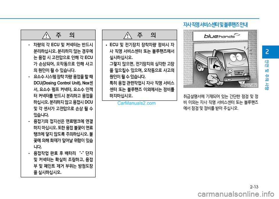 Hyundai Mighty 2015  마이티 - 사용 설명서 (in Korean) 2-13
안전 및 주의 사항
속
   주
        의
- 8