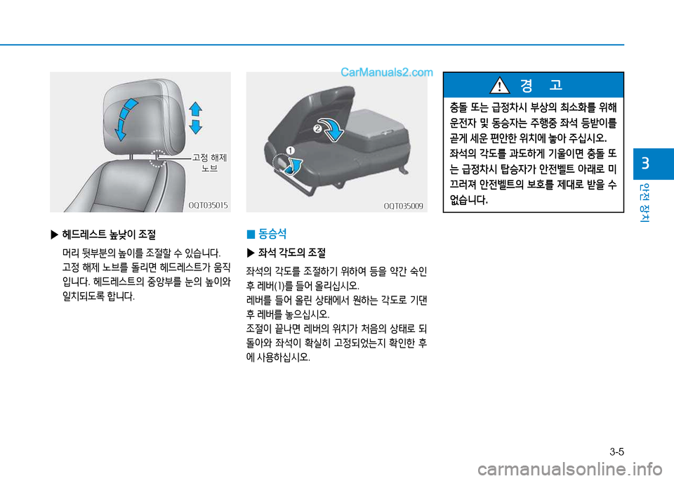 Hyundai Mighty 2015  마이티 - 사용 설명서 (in Korean) 3-5
안전 장치
3
OQT035009OQT035009OQT035015
OQT035015
 
▶ 헤드레스트  낮이  조절
  머리  뒷부분의  높이를  조절할  수  있습니다 .
  고정  해제  노브를  돌리