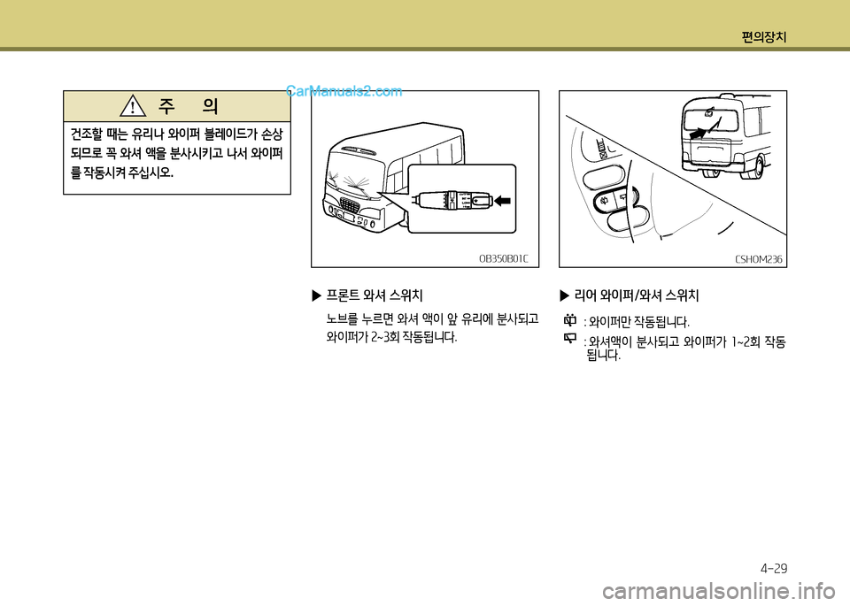 Hyundai New County 2014  뉴카운티 - 사용 설명서 (in Korean) 편의장치4-29
 
▶ 프론트 와셔 스위치
 �브를  누르면  와셔  1