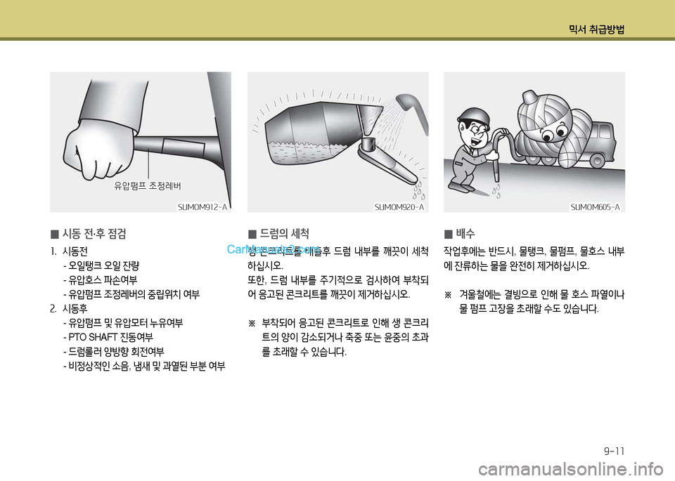 Hyundai New Power Truck 2017  뉴파워트럭 - 사용 설명서 (in Korean) 믹서 취급방법9-11
 
0 드럼의
 세척
생  콘크리?@를  배출후  드럼  내부를  깨끗이  세9!
하/u/d오 .
또한 , 드럼  내부를  주기4