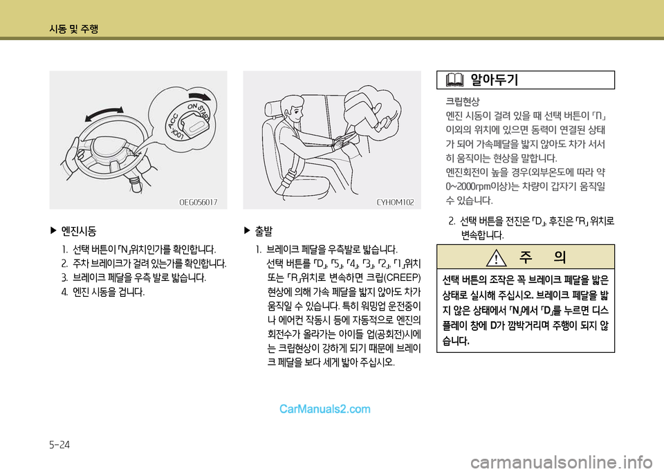 Hyundai New Power Truck 2015  뉴파워트럭 - 사용 설명서 (in Korean) 시동 및 주B 5-24
OEG056017OEG056017
 
▶
엔진시동
좌.  선=e  버튼3