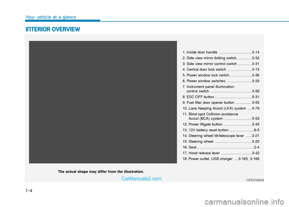 Hyundai Nexo 2019 Owners Manual 1-4
Your vehicle at a glance
I
IN
N T
TE
ER
R I
IO
O R
R
O
O V
VE
ER
R V
V I
IE
E W
W
1. Inside door handle ................................3-14
2. Side view mirror folding switch .............. Hyundai Nexo 2019 Owners Manual 1-4
Your vehicle at a glance
I
IN
N T
TE
ER
R I
IO
O R
R
O
O V
VE
ER
R V
V I
IE
E W
W
1. Inside door handle ................................3-14
2. Side view mirror folding switch ..............