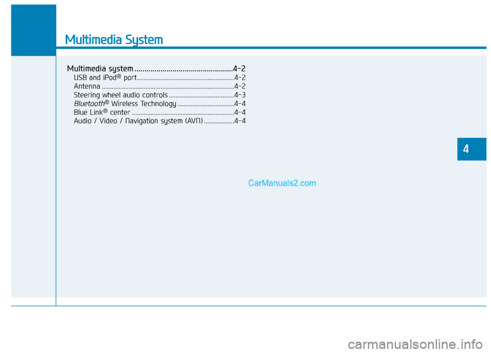 Hyundai Nexo 2019  Owners Manual Multimedia System
Multimedia system .................................................4-2
USB and iPod®port..........................................................4-2
Antenna .......................