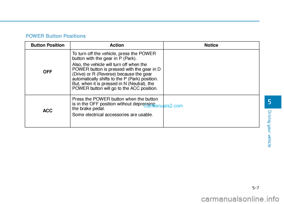Hyundai Nexo 2019  Owners Manual 5-7
Driving your vehicle
5
POWER Button Positions
Button PositionAction Notice
OFF To turn off the vehicle, press the POWER
button with the gear in P (Park).
Also, the vehicle will turn off when the
P