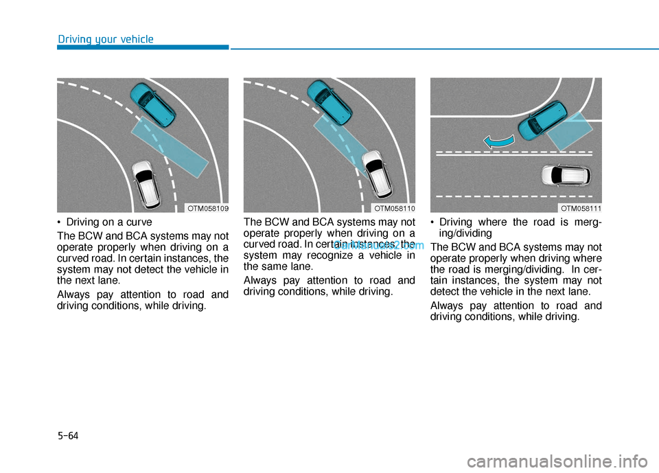 Hyundai Nexo 2019  Owners Manual 5-64
Driving your vehicle
 Driving on a curve
The BCW and BCA systems may not
operate properly when driving on a
curved road. In certain instances, the
system may not detect the vehicle in
the next la
