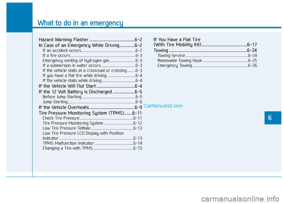 Hyundai Nexo 2019 Owners Manual What to do in an emergency
6
Hazard Warning Flasher .......................................6-2
In Case of an Emergency While Driving.............6-2
If an accident occurs.............................. Hyundai Nexo 2019 Owners Manual What to do in an emergency
6
Hazard Warning Flasher .......................................6-2
In Case of an Emergency While Driving.............6-2
If an accident occurs..............................