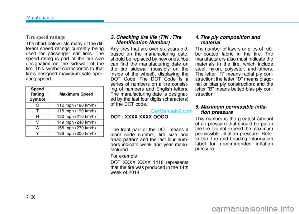 Hyundai Nexo 2019 Owners Manual 7-36
Maintenance
Tire speed ratings
The chart below lists many of the dif-
ferent speed ratings currently being
used for passenger car tires. The
speed rating is part of the tire size
designation on Hyundai Nexo 2019 Owners Manual 7-36
Maintenance
Tire speed ratings
The chart below lists many of the dif-
ferent speed ratings currently being
used for passenger car tires. The
speed rating is part of the tire size
designation on