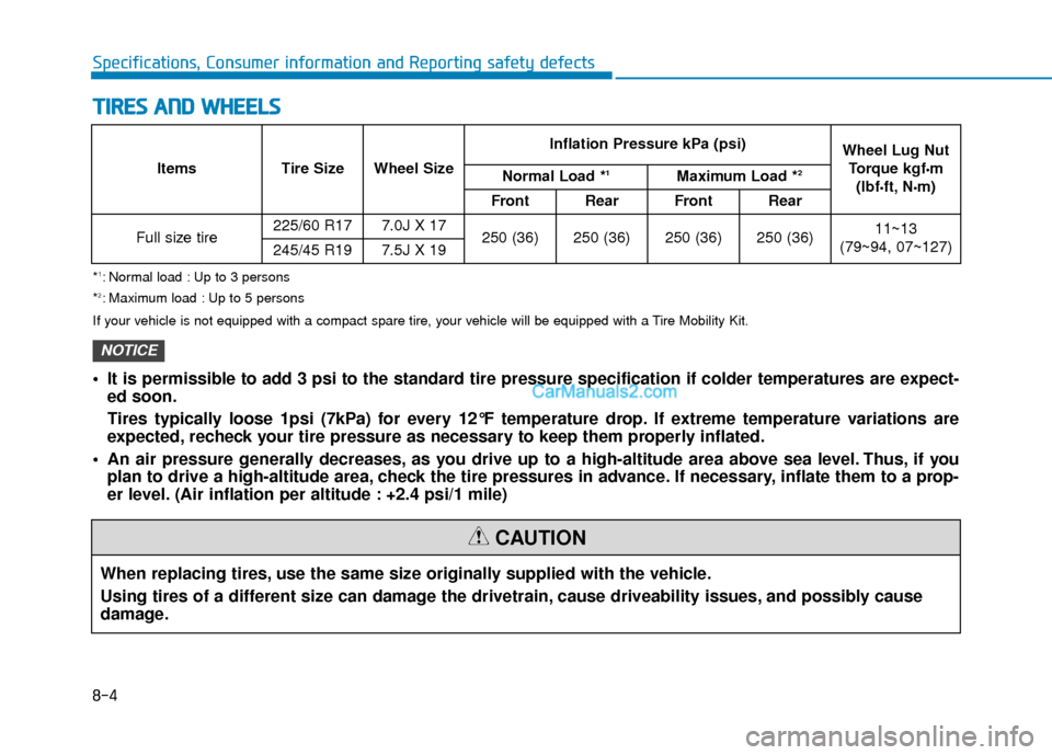 Hyundai Nexo 2019  Owners Manual 8-4
Specifications, Consumer information and Reporting safety defects
T
TI
IR
R E
ES
S 
 A
A N
N D
D 
 W
W H
HE
EE
EL
LS
S
When replacing tires, use the same size originally supplied with the vehicle.