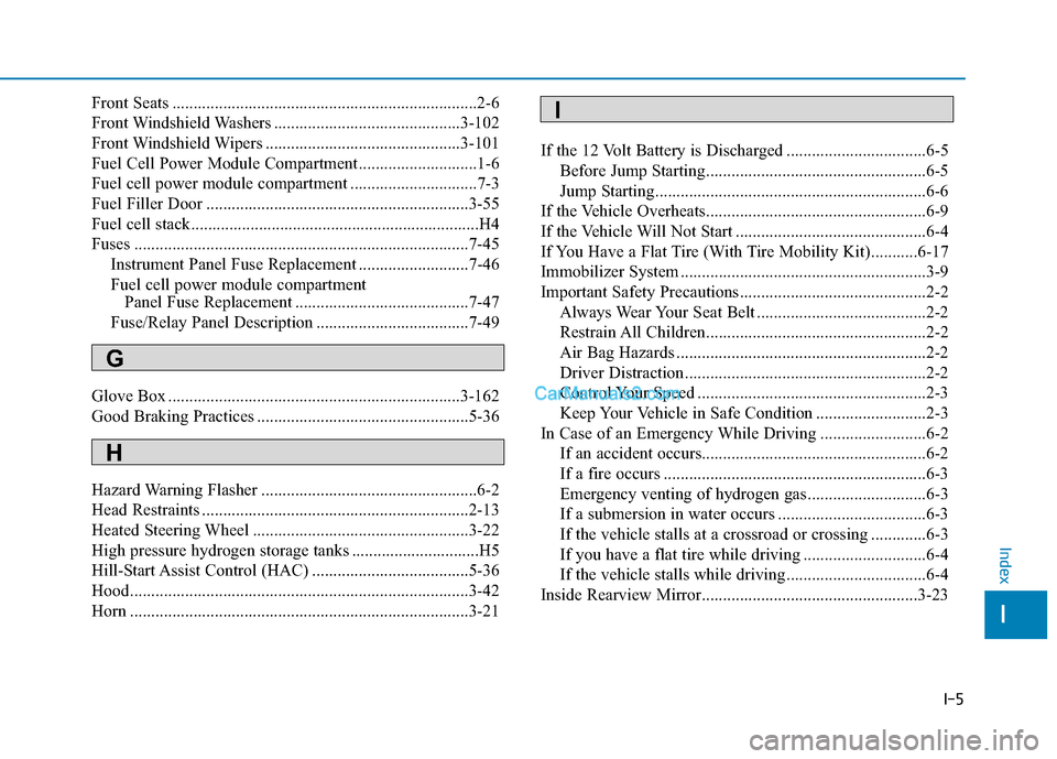 Hyundai Nexo 2019 Owners Manual I-5
Front Seats ........................................................................\
2-6
Front Windshield Washers ............................................3-102
Front Windshield Wipers ....... Hyundai Nexo 2019 Owners Manual I-5
Front Seats ........................................................................\
2-6
Front Windshield Washers ............................................3-102
Front Windshield Wipers .......