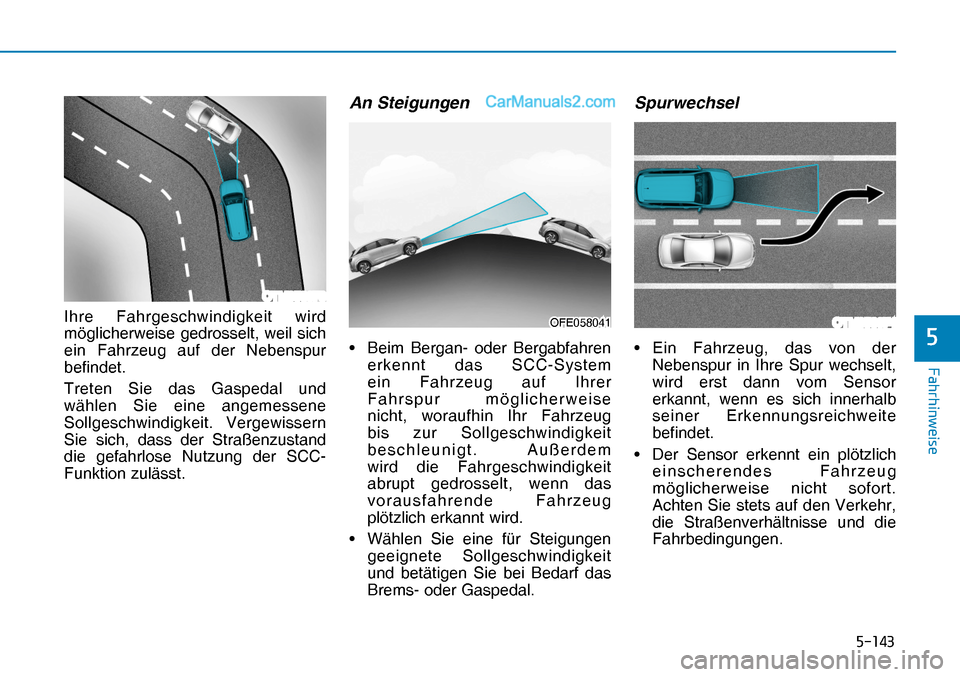 Hyundai Nexo 2019  Betriebsanleitung (in German) �����
�)�D�K�U�K�L�Q�Z�H�L�V�H
�
OTM058073
OTM058074OFE058041OFE058041Ihre Fahrgeschwindigkeit wird 
möglicherweise gedrosselt, weil sich 
ein Fahrzeug auf der Nebenspur 
befindet.
Treten Sie d