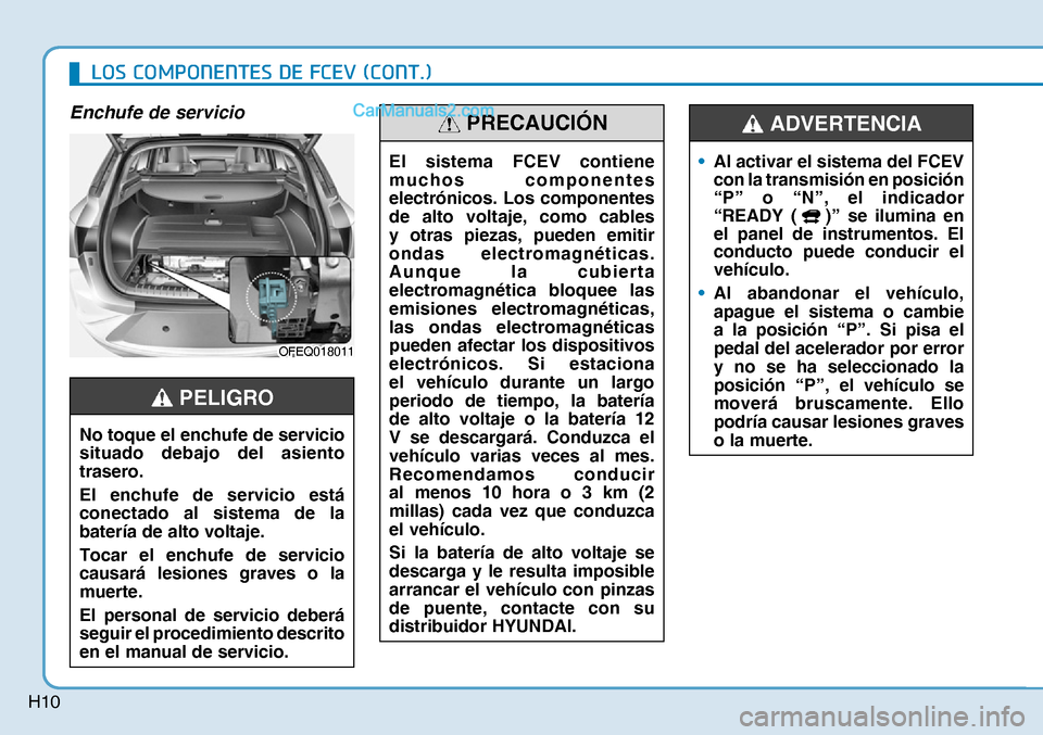 Hyundai Nexo 2019  Manual del propietario (in Spanish) H10
Enchufe de servicio
OFEQ018011OFEQ018011
El sistema FCEV contiene 
muchos componentes 
electrónicos. Los componentes 
de alto voltaje, como cables 
y otras piezas, pueden emitir 
ondas electromag