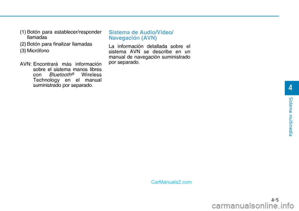 Hyundai Nexo 2019  Manual del propietario (in Spanish) ���
�6�L�V�W�H�P�D��P�X�O�W�L�P�H�G�L�D
�
(1) Botón  para  establecer/responder 
llamadas
(2) Botón para finalizar llamadas
(3) Micrófono
AVN:  Encontrará más información 
sobre el sistema 
