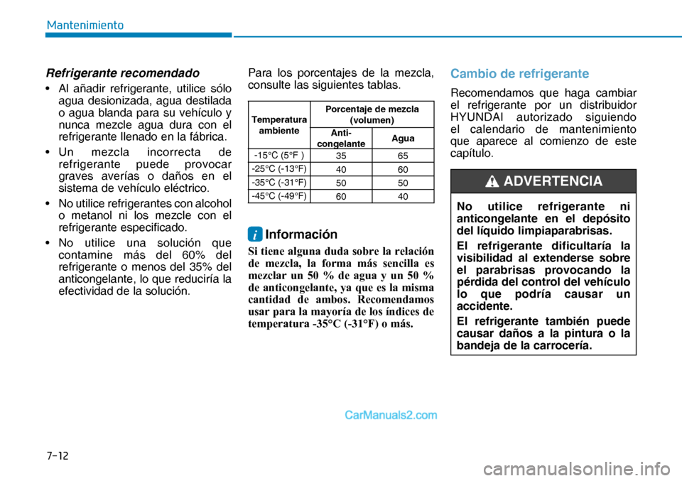 Hyundai Nexo 2019  Manual del propietario (in Spanish) ����
�0�D�Q�W�H�Q�L�P�L�H�Q�W�R
Refrigerante recomendado
•  Al añadir refrigerante, utilice sólo 
agua desionizada, agua destilada 
o agua blanda para su vehículo y 
nunca mezcle agua dura co