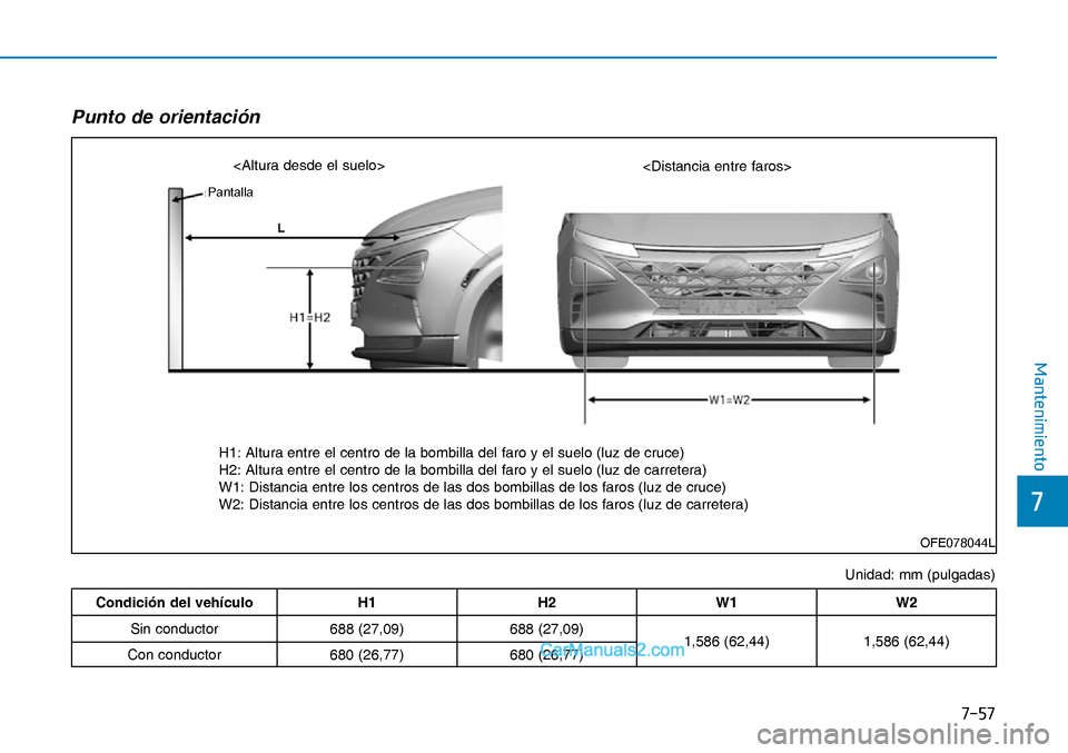 Hyundai Nexo 2019  Manual del propietario (in Spanish) ����
�
�0�D�Q�W�H�Q�L�P�L�H�Q�W�R
Unidad: mm (pulgadas)
Punto de orientación 
Condición del vehículo H1 H2 W1 W2
Sin conductor 688 (27,09) 688 (27,09)
1,586 (62,44) 1,586 (62,44)
Con conductor