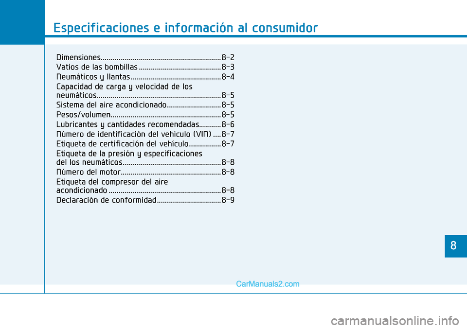 Hyundai Nexo 2019  Manual del propietario (in Spanish) �
�6�S�H�F�L�I�L�F�D�W�L�R�Q�V��	��&�R�Q�V�X�P�H�U��L�Q�I�R�U�P�D�W�L�R�Q
�
�(�V�S�H�F�L�I�L�F�D�F�L�R�Q�H�V��H��L�Q�I�R�U�P�D�F�L�