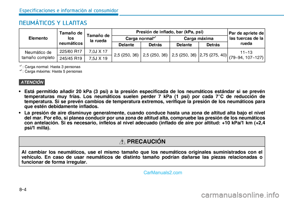 Hyundai Nexo 2019  Manual del propietario (in Spanish) ���
�(�V�S�H�F�L�I�L�F�D�F�L�R�Q�H�V��H��L�Q�I�R�U�P�D�F�L�