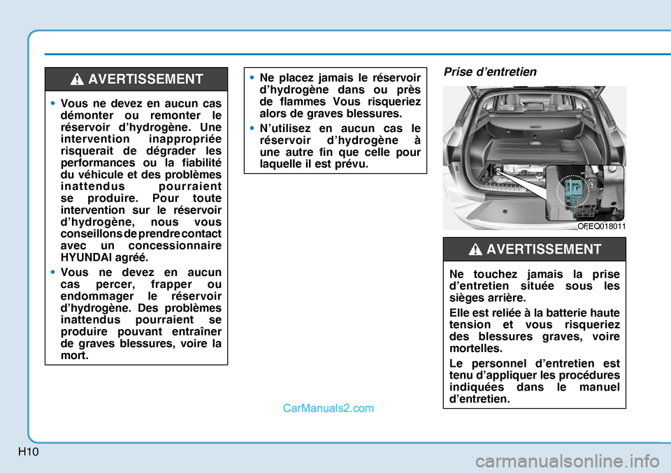 Hyundai Nexo 2019 Manuel du propriétaire (in French) H10
Prise d’entretien
OFEQ018011OFEQ018011
Ne touchez jamais la prise
d’entretien située sous les
sièges arrière.
Elle est reliée à la batterie haute
tension et vous risqueriez
des blessu Hyundai Nexo 2019 Manuel du propriétaire (in French) H10
Prise d’entretien
OFEQ018011OFEQ018011
Ne touchez jamais la prise
d’entretien située sous les
sièges arrière.
Elle est reliée à la batterie haute
tension et vous risqueriez
des blessu