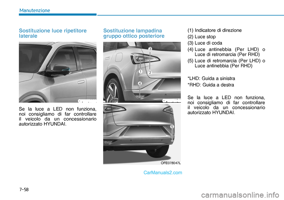 Hyundai Nexo 2019  Manuale del proprietario (in Italian) ����
�0�D�Q�X�W�H�Q�]�L�R�Q�H
Sostituzione luce ripetitore 
laterale
Se la luce a LED non funziona, 
noi consigliamo di far controllare 
il veicolo da un concessionario 
autorizzato HYUNDAI.
Sosti