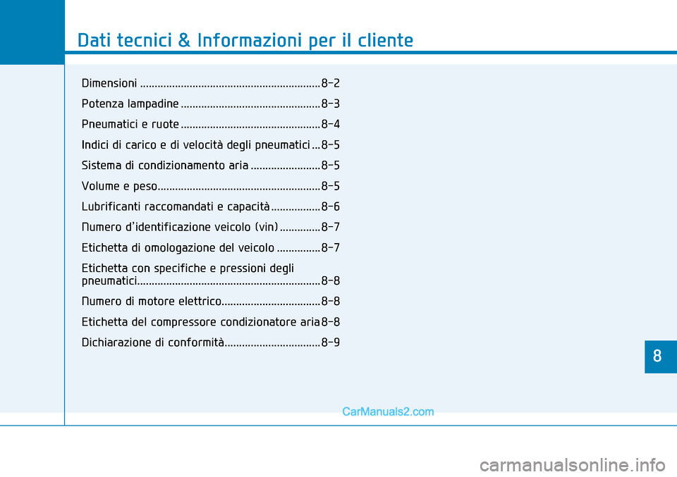 Hyundai Nexo 2019  Manuale del proprietario (in Italian) �
�6�S�H�F�L�I�L�F�D�W�L�R�Q�V��	��&�R�Q�V�X�P�H�U��L�Q�I�R�U�P�D�W�L�R�Q
�
��D�W�L��W�H�F�Q�L�F�L��	��,�Q�I�R�U�P�D�]�L�R�Q�L��S�H�U��L�O��F�O�L�H�Q�W�H
�
��L�P�H�Q�V�L�R�Q�L�<00110011