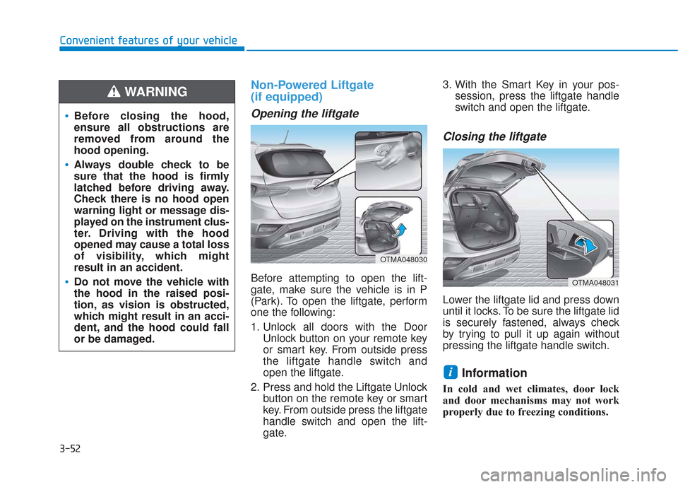 Hyundai Santa Fe 2019  Owners Manual 3-52
Convenient features of your vehicle
Non-Powered Liftgate 
(if equipped)
Opening the liftgate
Before attempting to open the lift-
gate, make sure the vehicle is in P
(Park). To open the liftgate, 