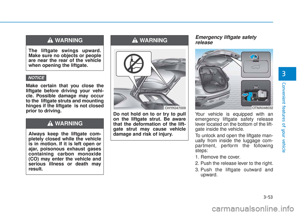 Hyundai Santa Fe 2019  Owners Manual 3-53
Convenient features of your vehicle
3
Make certain that you close the
liftgate before driving your vehi-
cle. Possible damage may occur
to the  liftgate struts and mounting
hinges if the liftgate