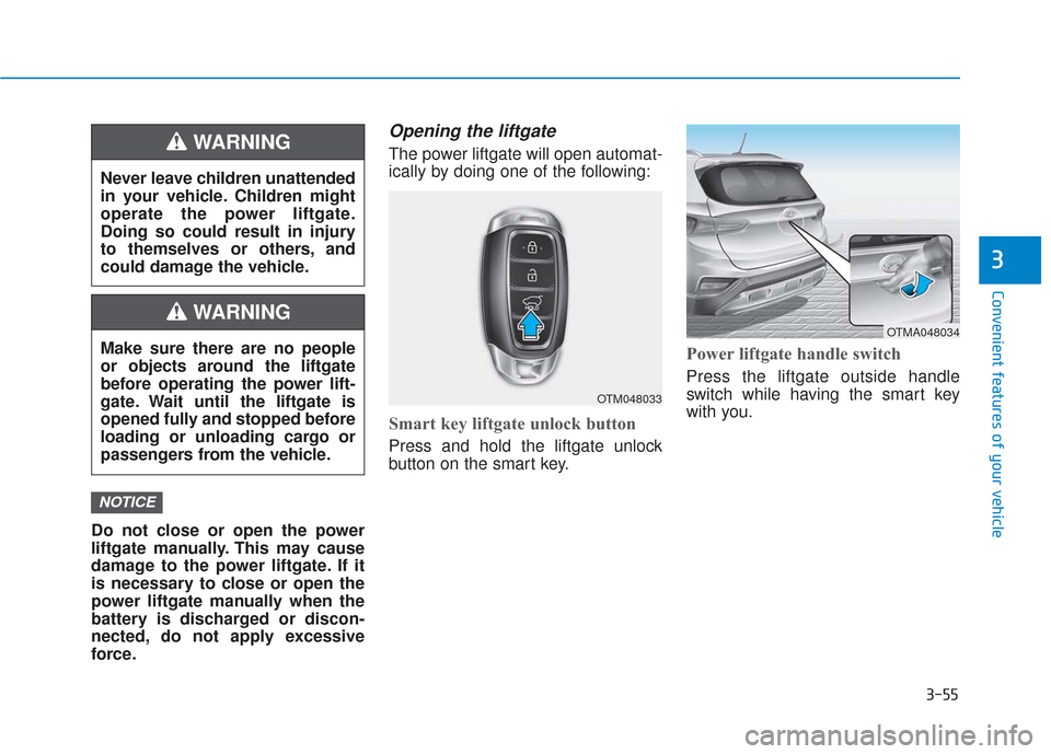 Hyundai Santa Fe 2019  Owners Manual 3-55
Convenient features of your vehicle
3
Do not close or open the power
liftgate manually. This may cause
damage to the power liftgate. If it
is necessary to close or open the
power liftgate manuall
