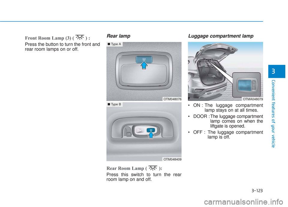 Hyundai Santa Fe 2019  Owners Manual 3-123
Convenient features of your vehicle
3
Front Room Lamp (3) ( ) : 
Press the button to turn the front and
rear room lamps on or off.
Rear lamp
Rear Room Lamp ( ):
Press this switch to turn the rea