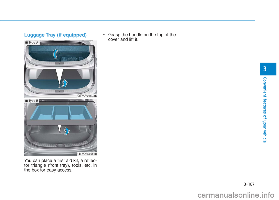 Hyundai Santa Fe 2019  Owners Manual 3-167
Convenient features of your vehicle
3
Luggage Tray (if equipped)
You can place a first aid kit, a reflec-
tor triangle (front tray), tools, etc. in
the box for easy access. Grasp the handle on t