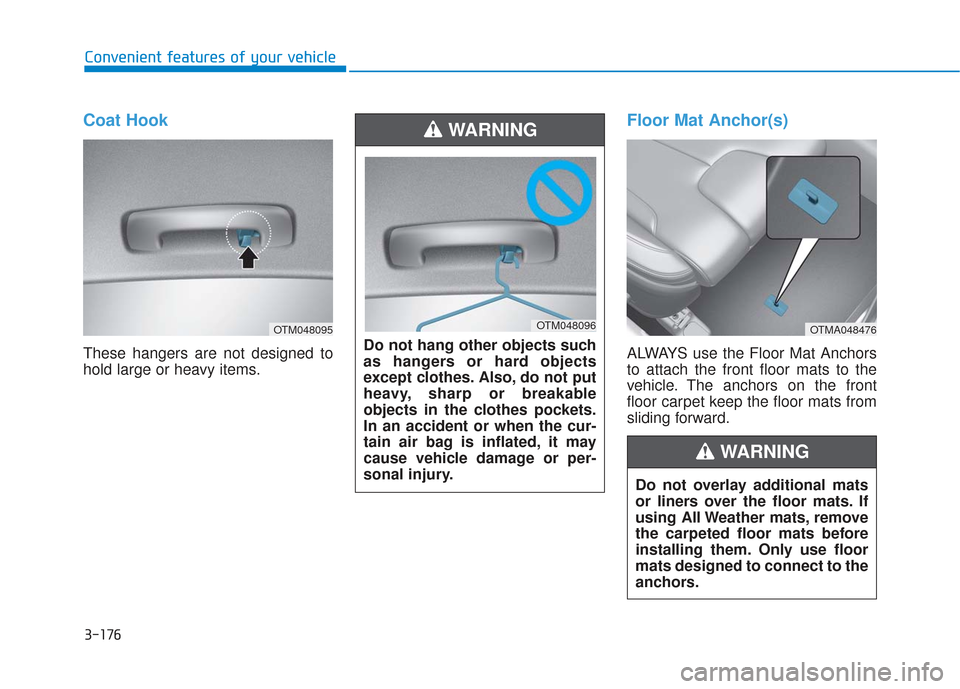 Hyundai Santa Fe 2019  Owners Manual 3-176
Convenient features of your vehicle
Coat Hook
These hangers are not designed to
hold large or heavy items.
Floor Mat Anchor(s)
ALWAYS use the Floor Mat Anchors
to attach the front floor mats to 