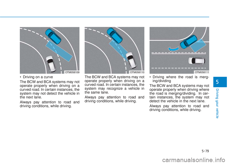 Hyundai Santa Fe 2019  Owners Manual 5-79
Driving your vehicle
 Driving on a curve
The BCW and BCA systems may not
operate properly when driving on a
curved road. In certain instances, the
system may not detect the vehicle in
the next la