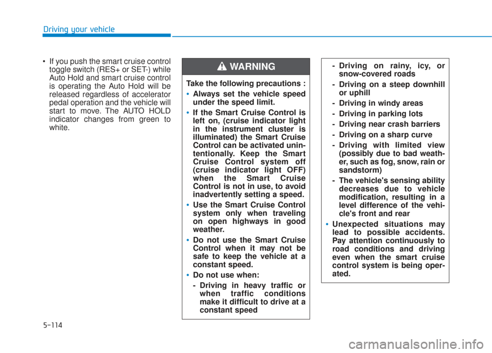 Hyundai Santa Fe 2019  Owners Manual 5-114
Driving your vehicle
 If you push the smart cruise control toggle switch (RES+ or SET-) while
Auto Hold and smart cruise control
is operating the Auto Hold will be
released regardless of acceler