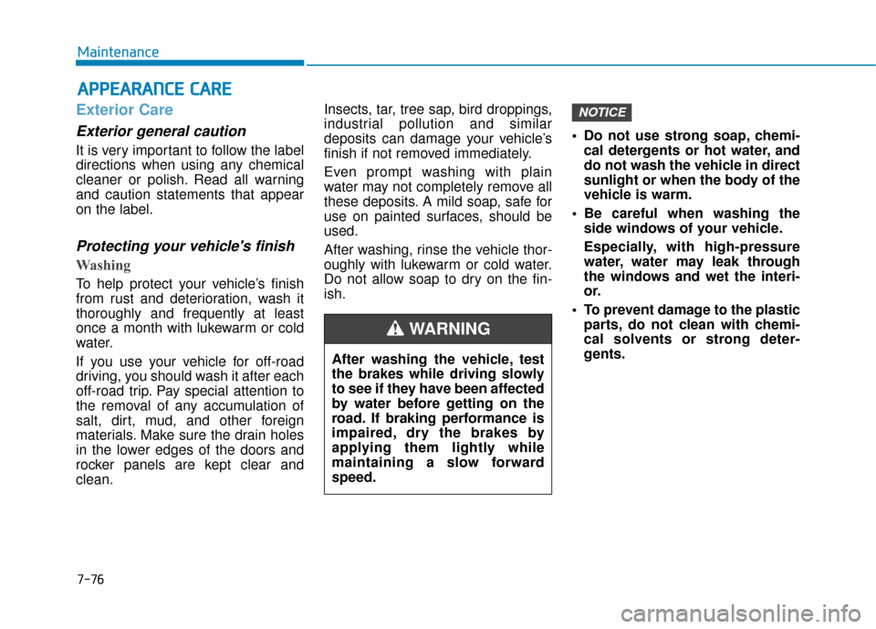 Hyundai Santa Fe 2019  Owners Manual A
AP
PP
PE
EA
A R
RA
A N
N C
CE
E  
 C
C A
A R
RE
E
Exterior Care
Exterior general caution 
It is very important to follow the label
directions when using any chemical
cleaner or polish. Read all warn