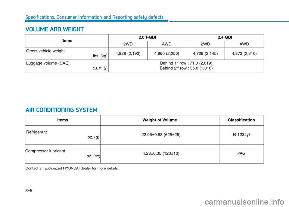 Hyundai Santa Fe 2019  Owners Manual 8-6
Specifications, Consumer information and Reporting safety defects
V
VO
O L
LU
U M
M E
E 
 A
A N
N D
D 
 W
W E
EI
IG
G H
H T
T
A
A I
IR
R  
 C
C O
O N
ND
DI
IT
T I
IO
O N
NI
IN
N G
G 
 S
S Y
Y S
ST