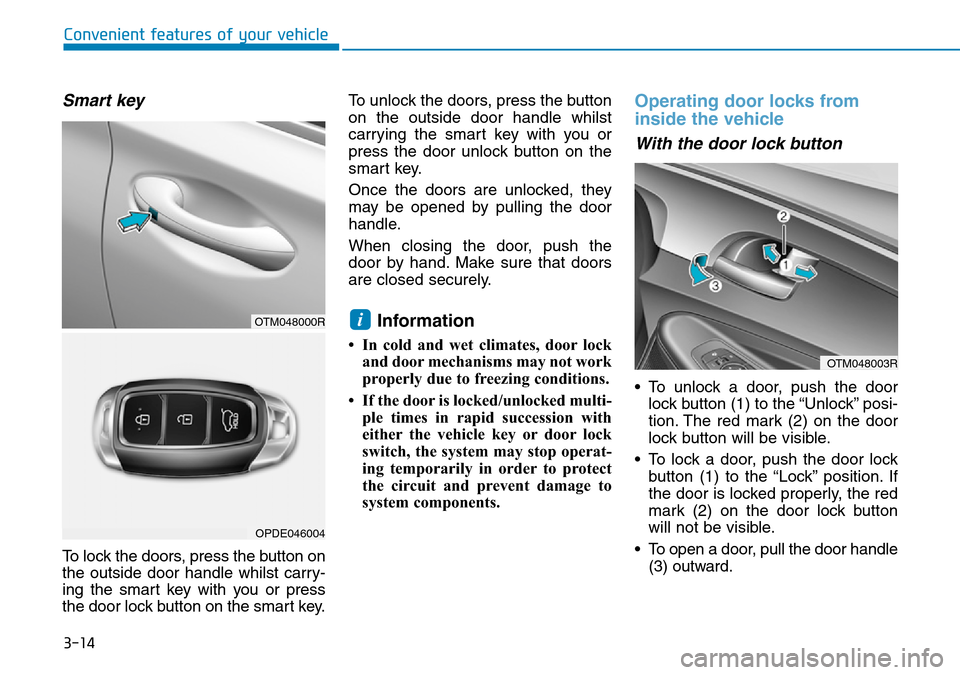 Hyundai Santa Fe 2019  Owners Manual - RHD (UK, Australia) 3-14
Convenient features of your vehicle
Smart key 
To lock the doors, press the button on
the outside door handle whilst carry-
ing the smart key with you or press
the door lock button on the smart k