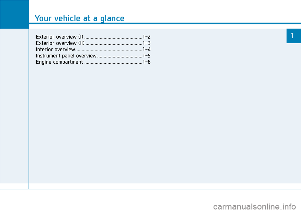 Hyundai Santa Fe 2019  Owners Manual - RHD (UK, Australia) Your vehicle at a glance
1
Your vehicle at a glance
1Exterior overview (I) .............................................1-2
Exterior overview (II) ............................................1-3
Inter